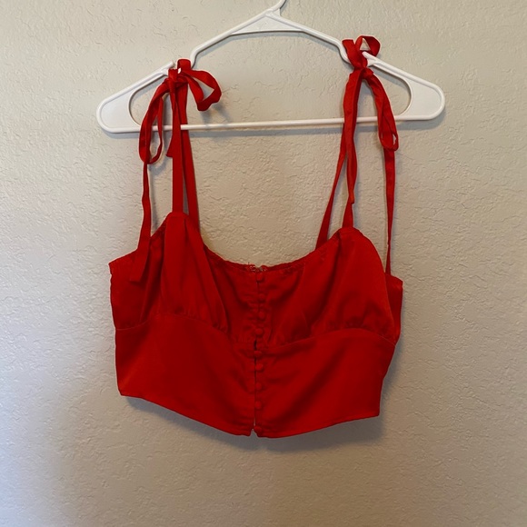 Forever 21 Red Satin Self-Tie Cropped Button Top - Picture 2 of 4